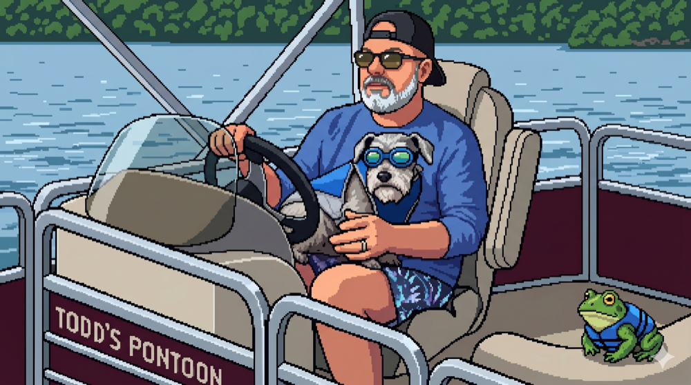 Pixel-art tribute: Todd's Pontoon on the lake with Teddy the dog and a frog named Toad